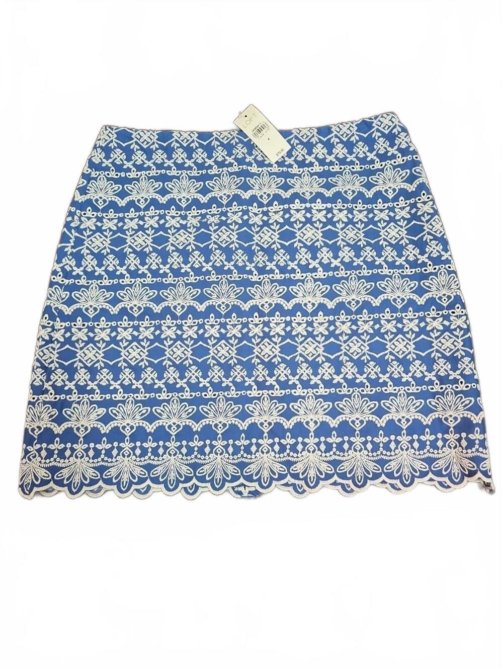 LOFT fully embroidered eyelet scalloped cotton mini skirt SZ 4 blue white